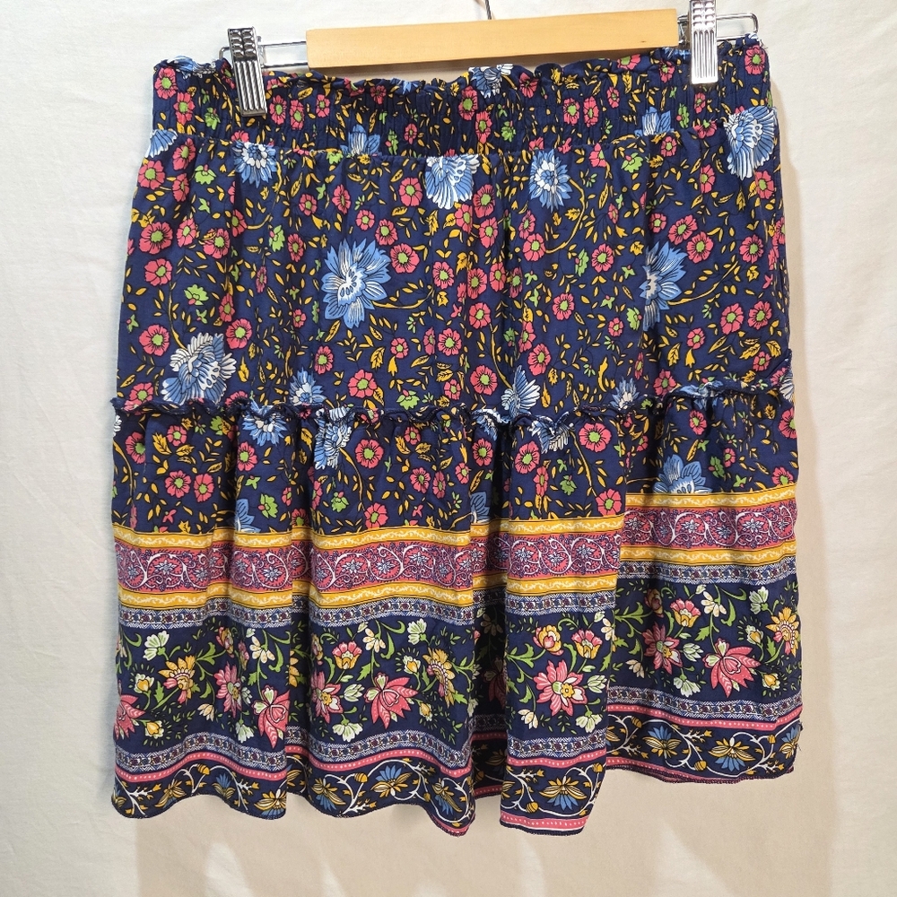 Floral Mini Circle Skirt Size XL Boho High Waist Summer Festival Ruffle